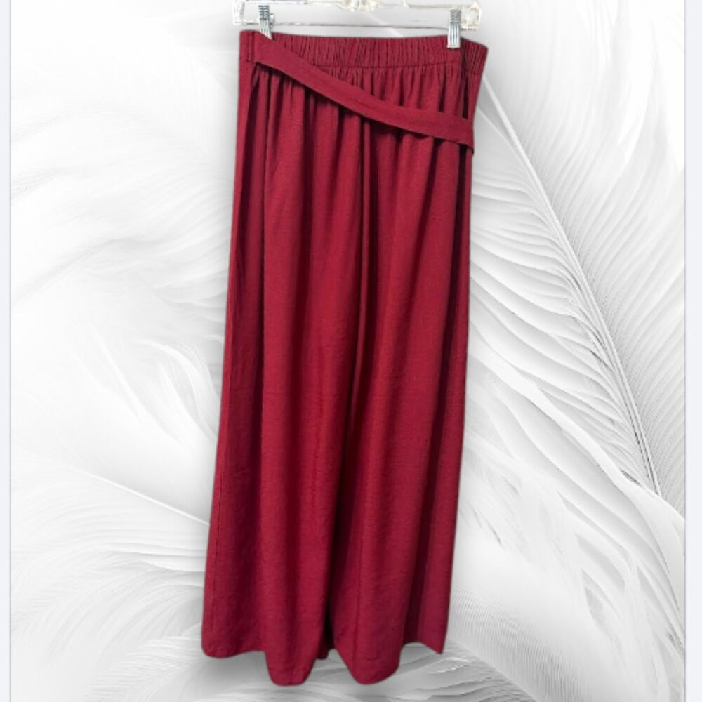Burgundy High Waist Wide Leg Palazzo Pants Wrap Detail Elastic Back - Picture 4 of 10